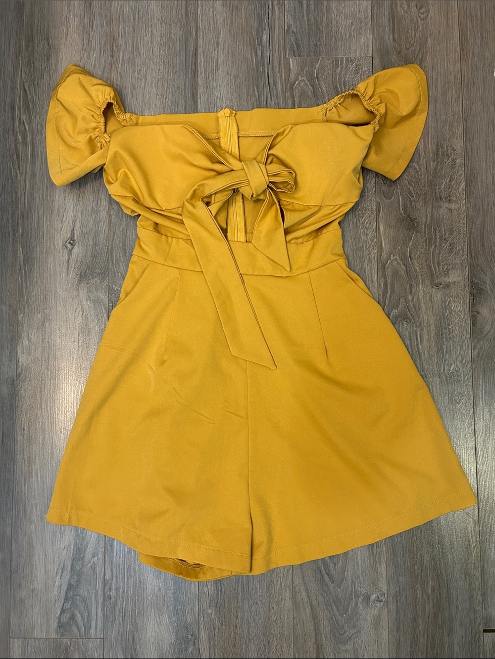 Mustard Off-Shoulder Tie-Front Women's Shorts Romper